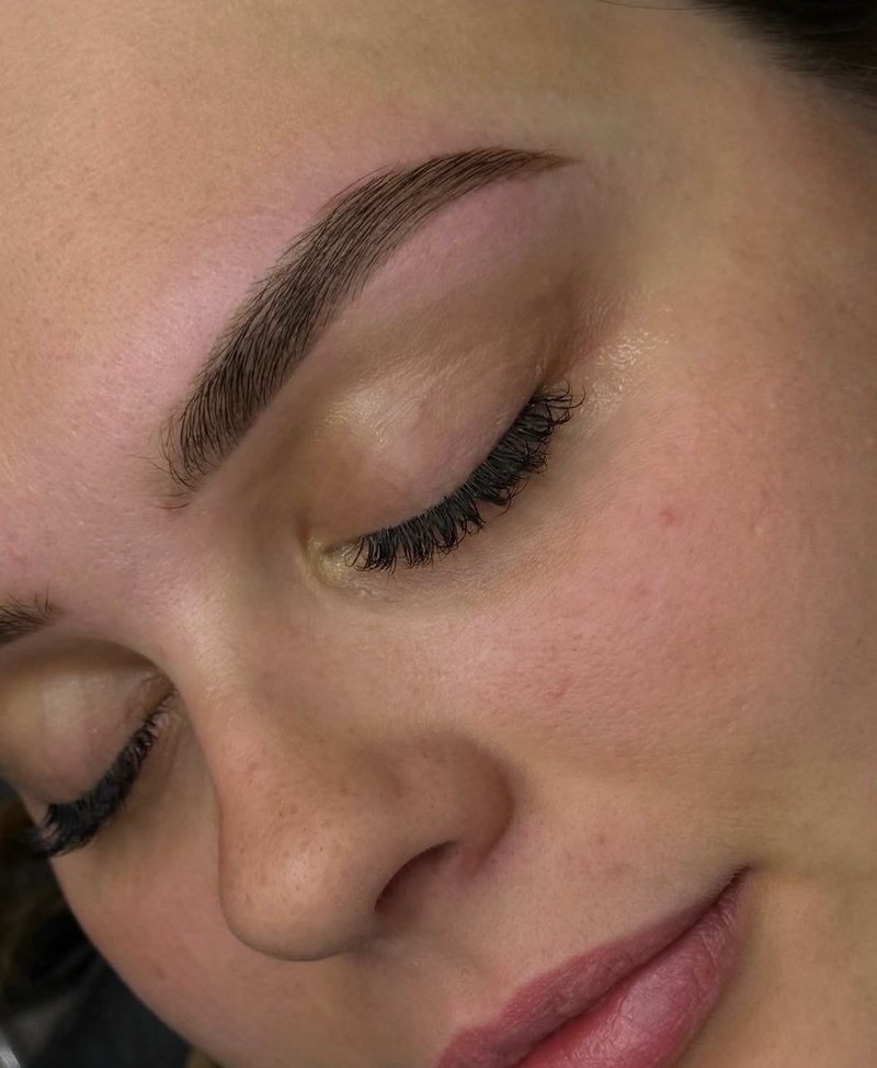 Close-up of a freshly laminated brow